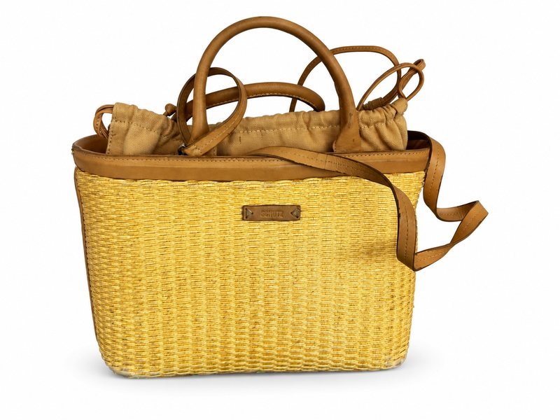Bolsa Schütz de palha amarela, com alças marrons